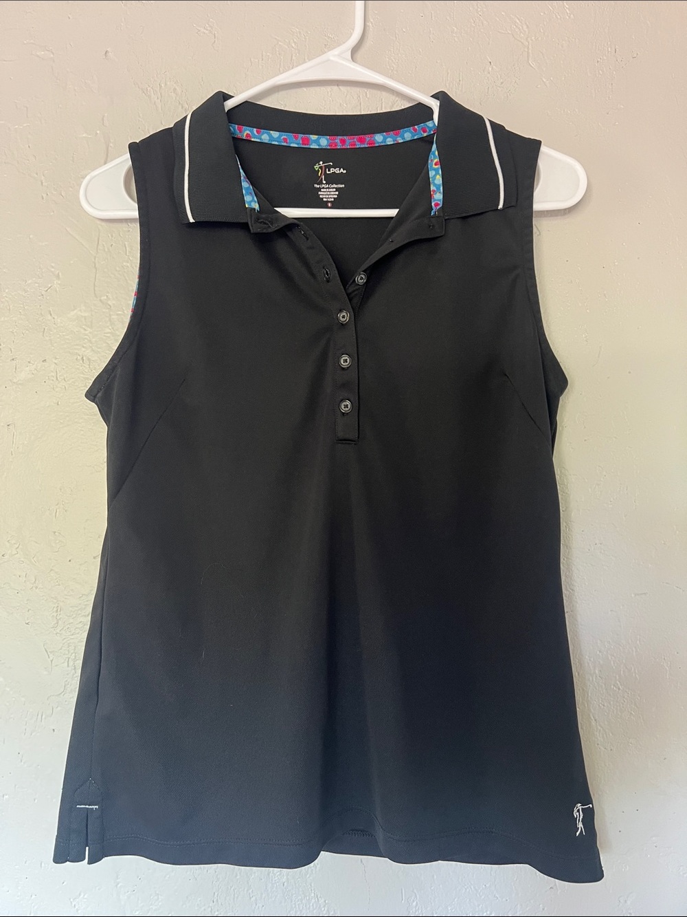 LPGA Black Sleeveless Golf Polo Tank with Floral Trim
